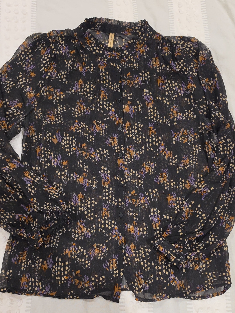 Women's Black Floral Ruffle-Neck Button Front Blouse